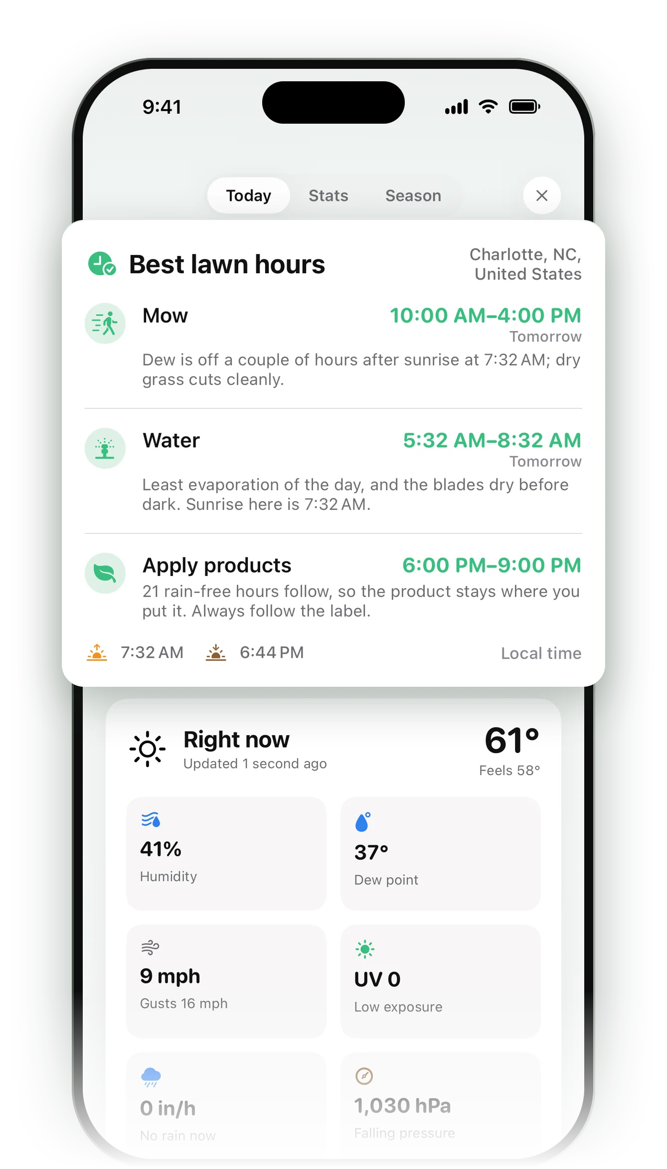 Lawny's Best lawn hours card with windows to mow, water and apply products