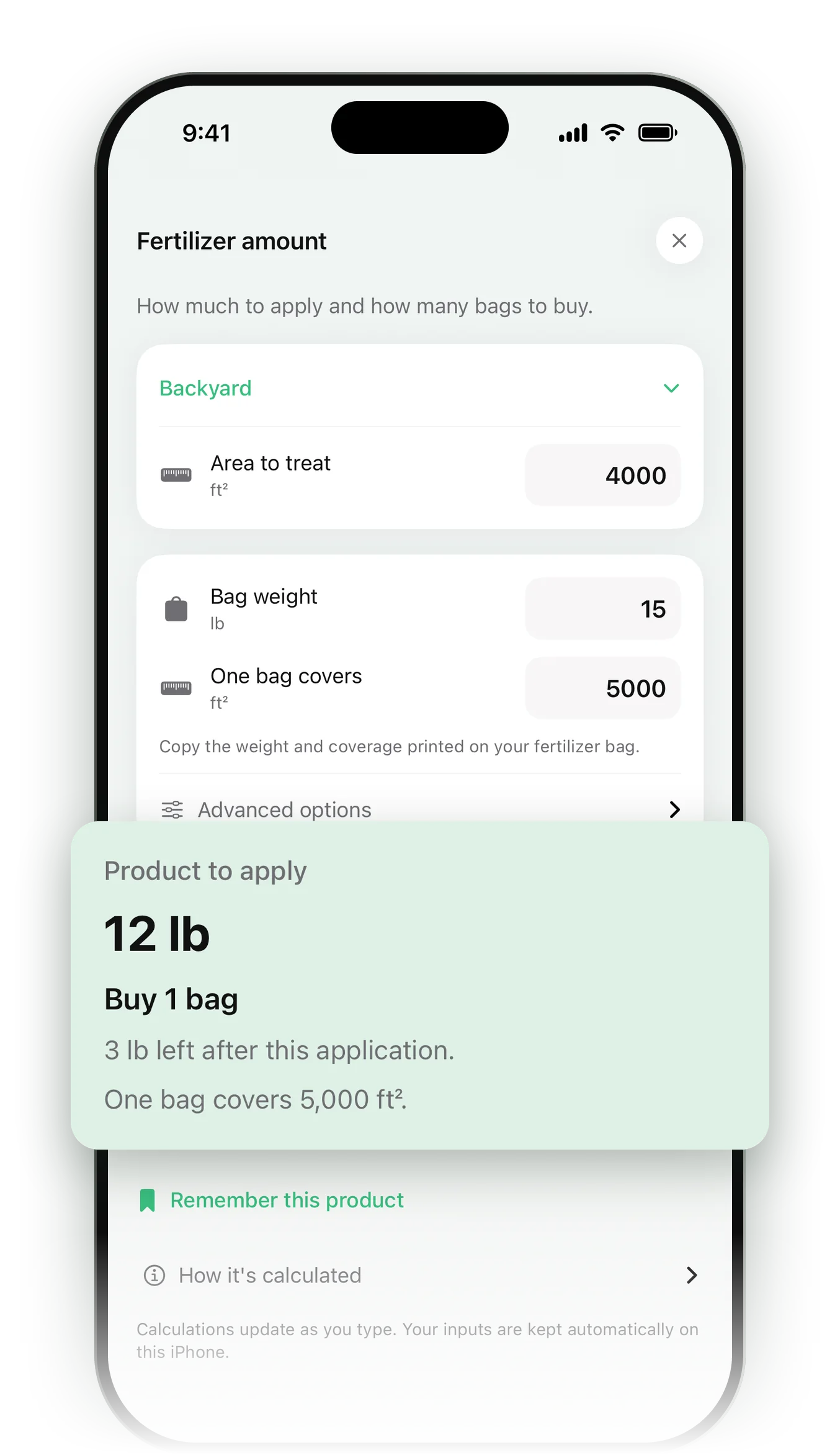 Lawny's fertilizer calculator showing 12 lb to apply and one bag to buy