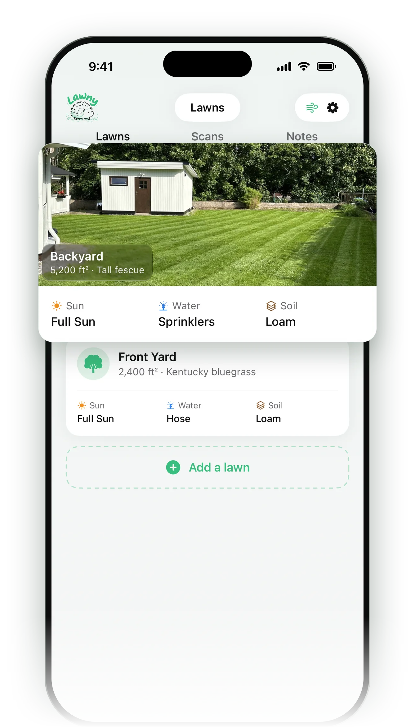 Lawny's lawns list with a backyard and a front yard profile